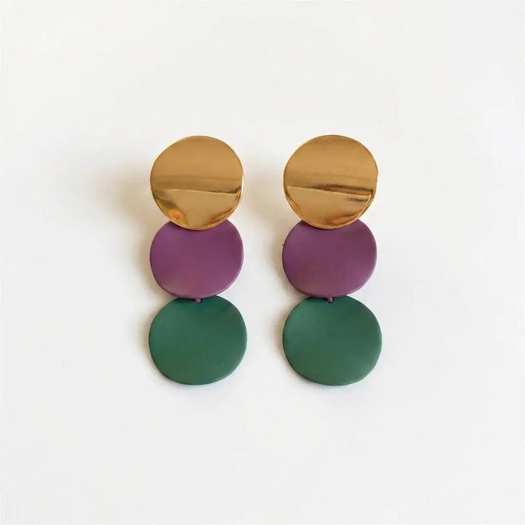 Triple Disc Drop Earrings | Gold, Purple & Green Geometric Dangle Earrings - ZI FASHION