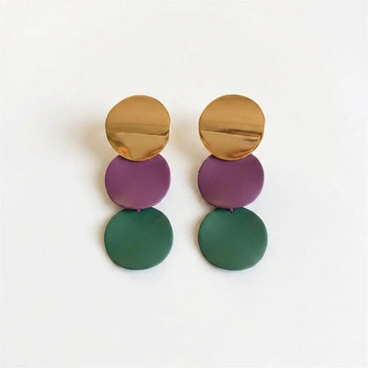 Triple Disc Drop Earrings | Gold, Purple & Green Geometric Dangle Earrings - ZI FASHION