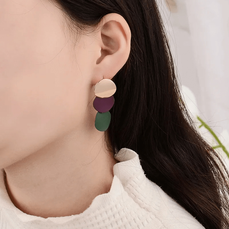 Triple Disc Drop Earrings | Gold, Purple & Green Geometric Dangle Earrings - ZI FASHION