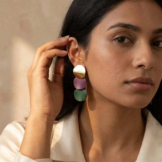 Triple Disc Drop Earrings | Gold, Purple & Green Geometric Dangle Earrings - ZI FASHION