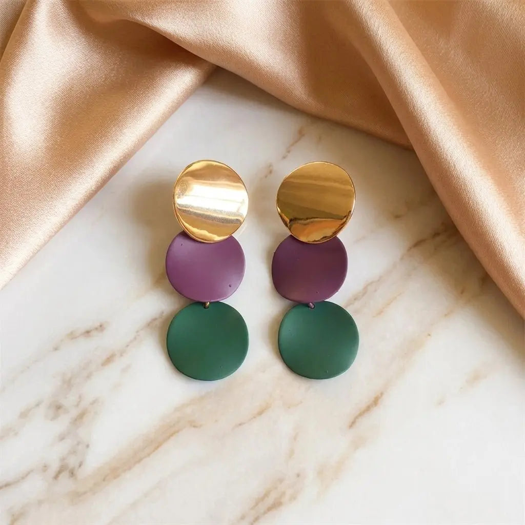 Triple Disc Drop Earrings | Gold, Purple & Green Geometric Dangle Earrings - ZI FASHION