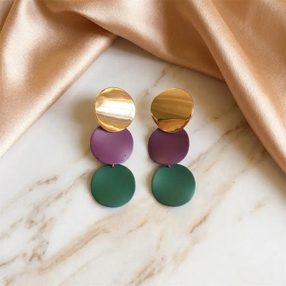 Triple Disc Drop Earrings | Gold, Purple & Green Geometric Dangle Earrings - ZI FASHION