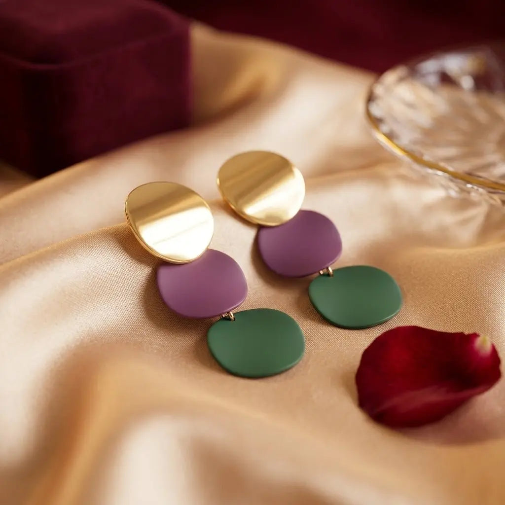 Triple Disc Drop Earrings | Gold, Purple & Green Geometric Dangle Earrings - ZI FASHION