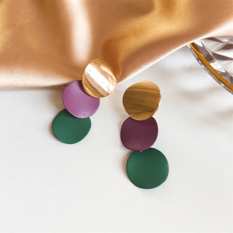 Triple Disc Drop Earrings | Gold, Purple & Green Geometric Dangle Earrings - ZI FASHION