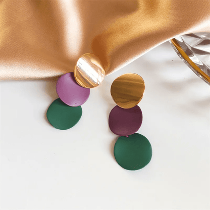 Triple Disc Drop Earrings | Gold, Purple & Green Geometric Dangle Earrings - ZI FASHION