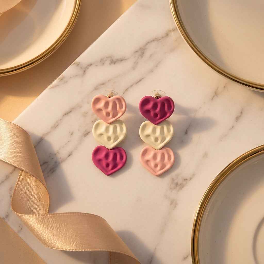 Triple Heart Drop Earrings — Matte Resin Pink Ombre - ZI FASHION