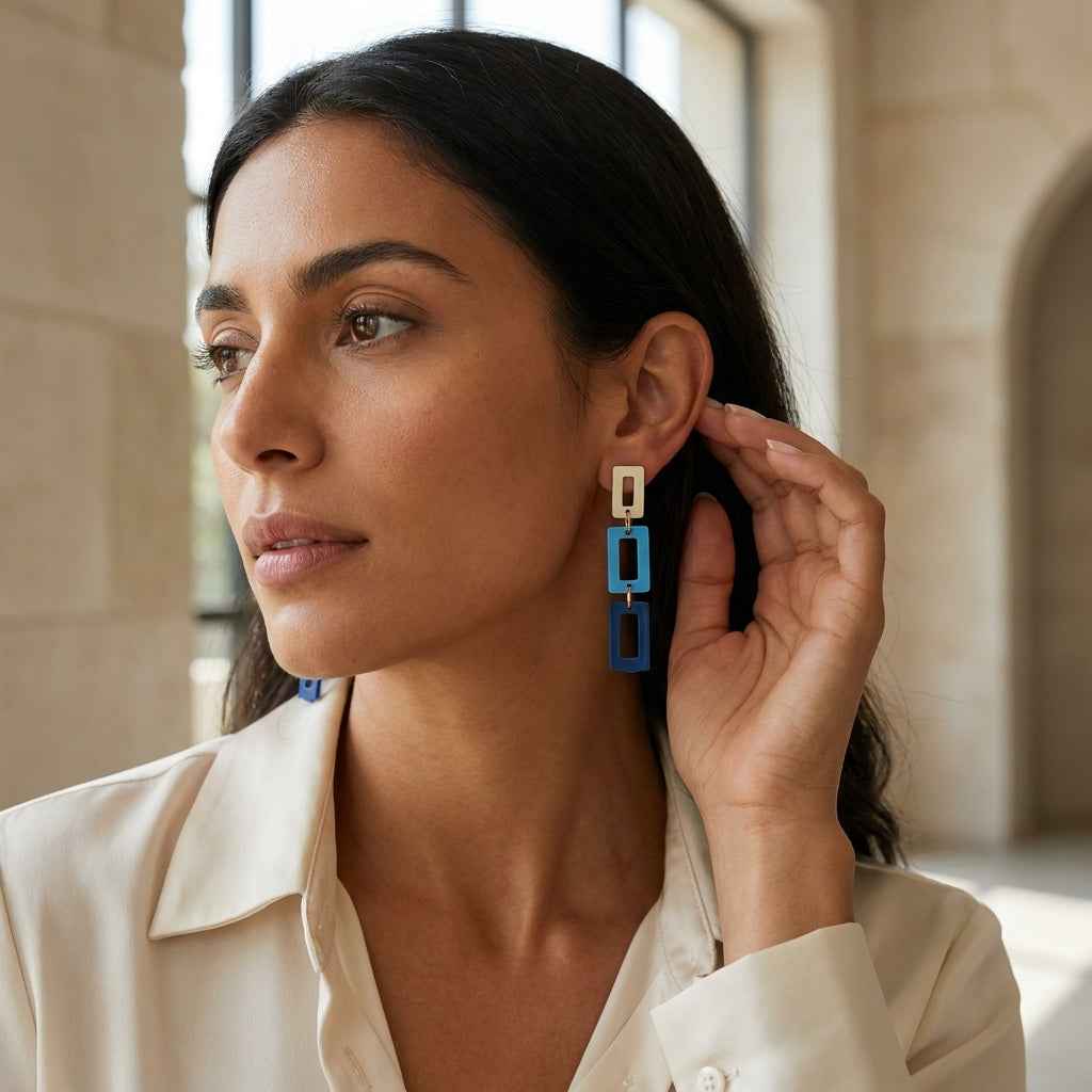Triple Rectangle Drop Earrings — Blue Ombre Geometric - ZI FASHION