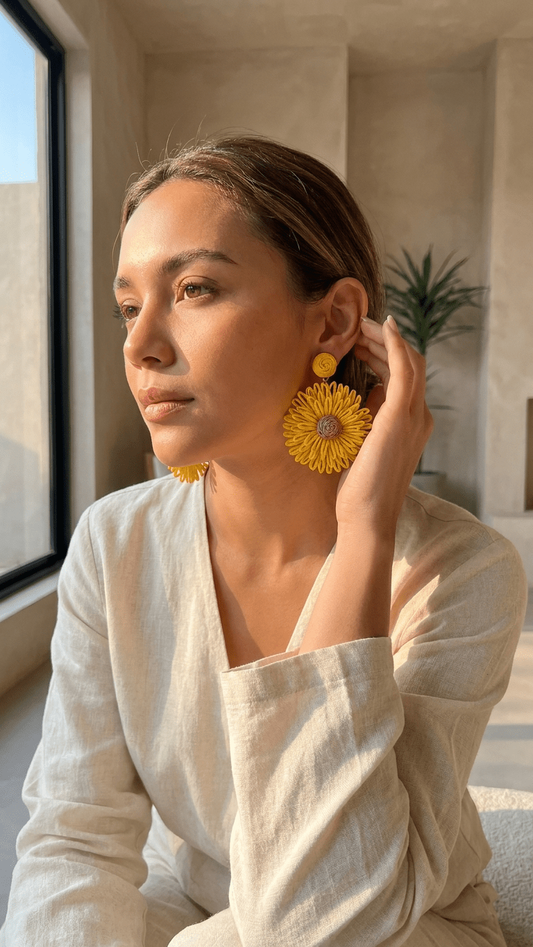 Yellow Sunflower Disc Stud Earrings | Boho Fabric Petal Earrings for Women - ZI FASHION