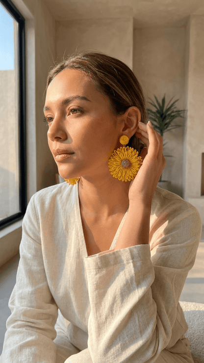Yellow Sunflower Disc Stud Earrings | Boho Fabric Petal Earrings for Women - ZI FASHION